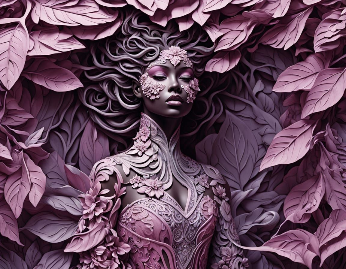 Elegant Mulatto Goddess in Petal Dress, Rendered in 3D Relie...