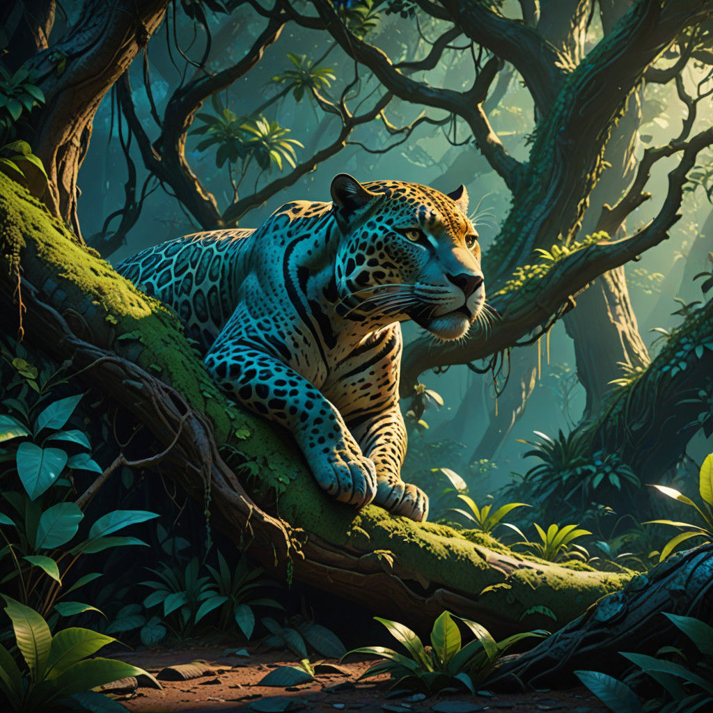 Jaguar in Exotic Jungle Landscape of Intricate Detail