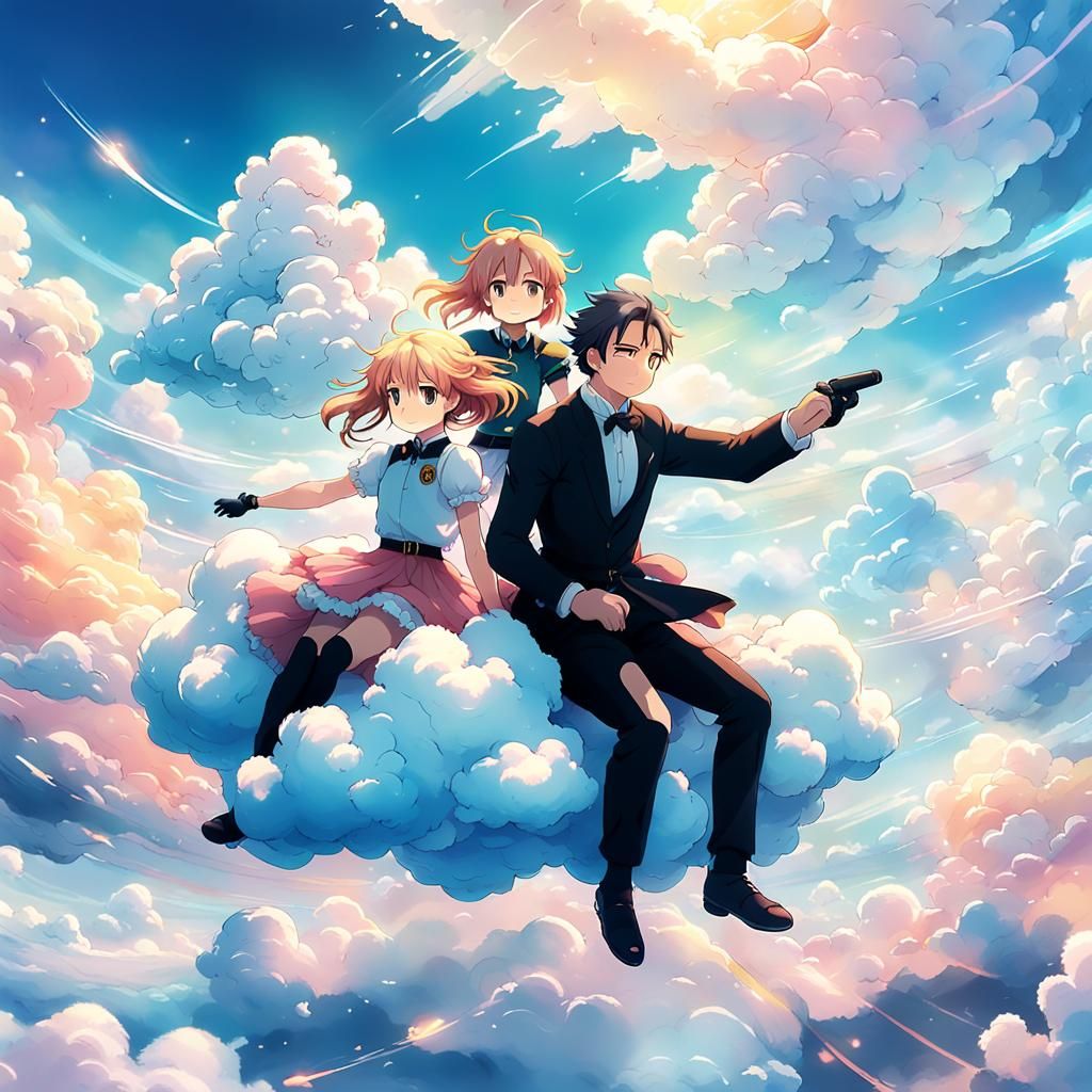 Anya Forger and Bond Forger Cloud Ride in Anime Art