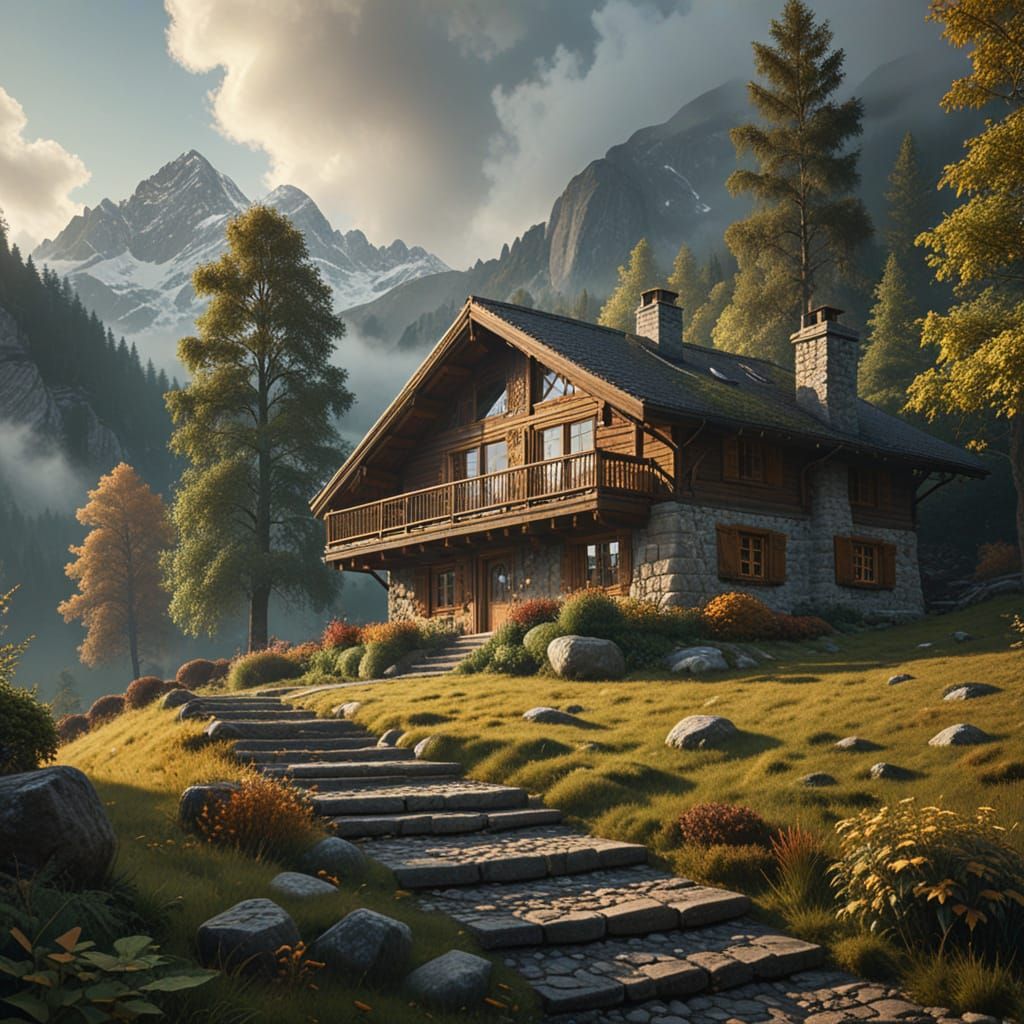 Luxurious Alpine Chalet with Misty Meadow: Photorealistic Di...