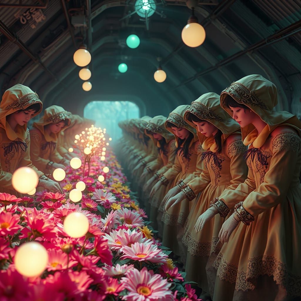 Victorian Women in Hazmat Dresses Tend Flowers in Fallout Sh...