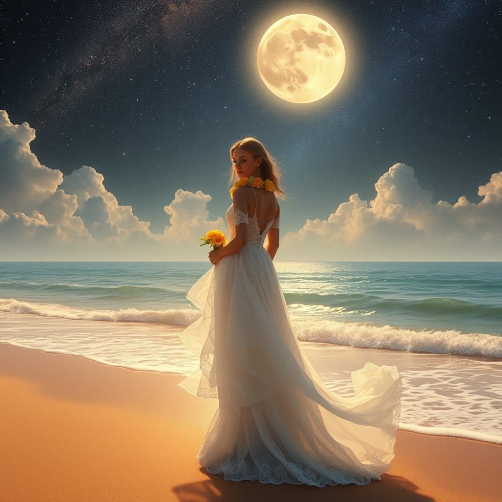 Maiden at Glowing Ocean Shore Under Galaxy Skies