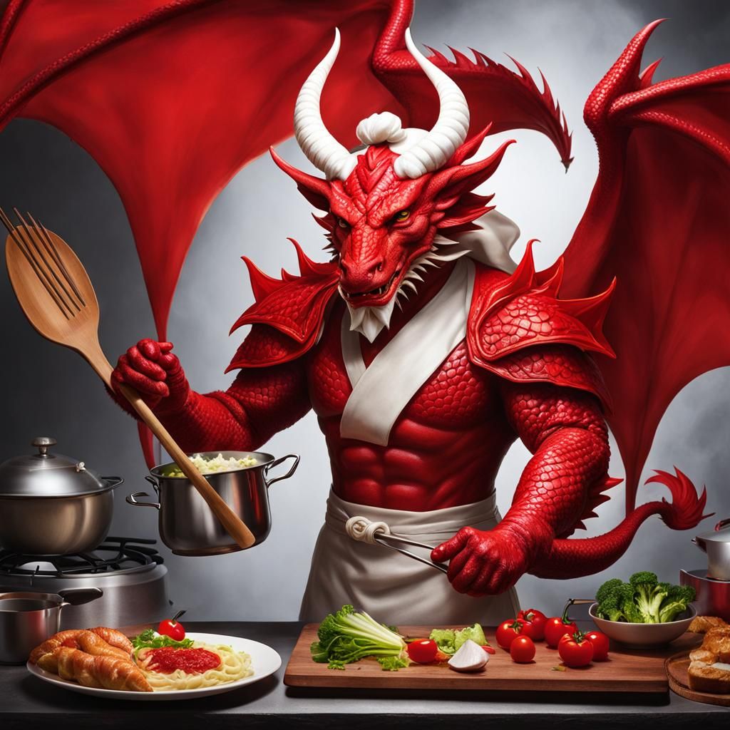 Dragon-Human Chef Hybrid with White Horns