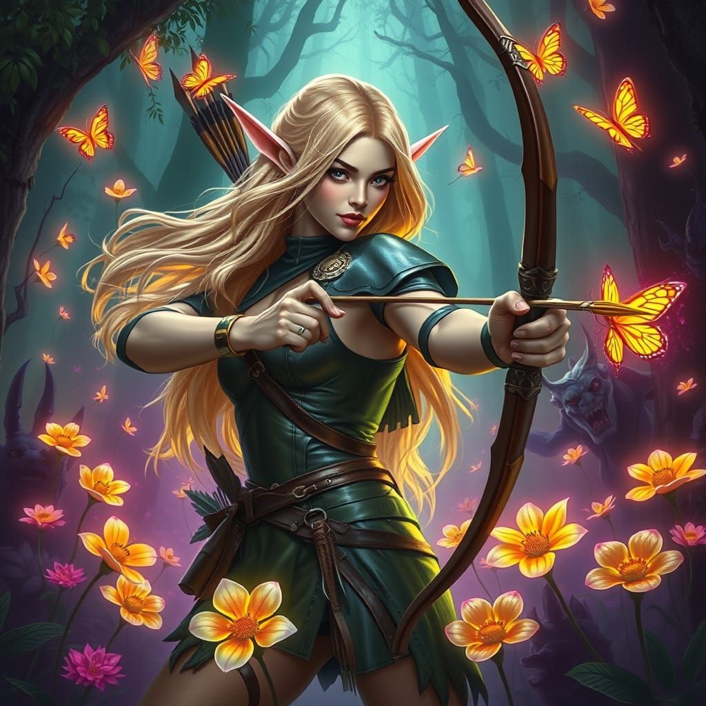 Elven Huntress in Neon Forest, Art Nouveau Style