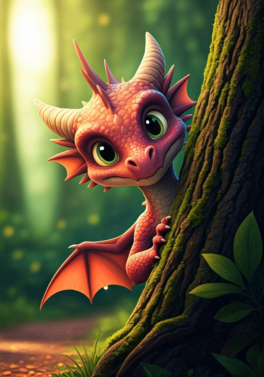 Cute Shy Dragon Peeking from Enchanted Forest