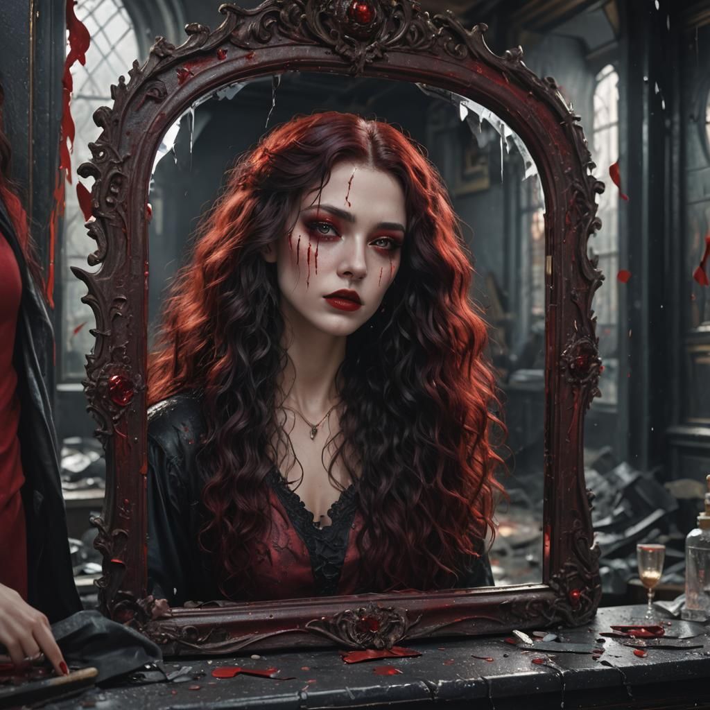 Woman with Red Hair Before Broken Mirror