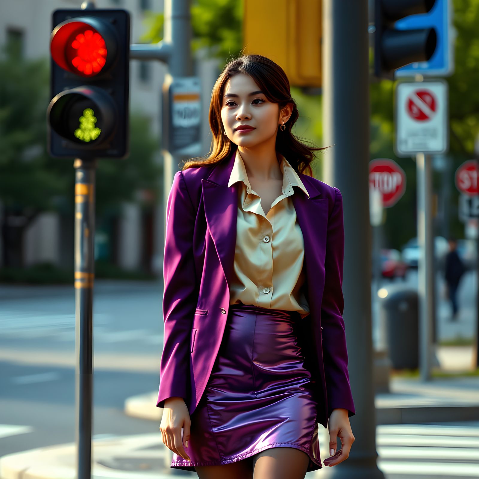 1990s Asian Woman in Purple Blazer at Stoplight