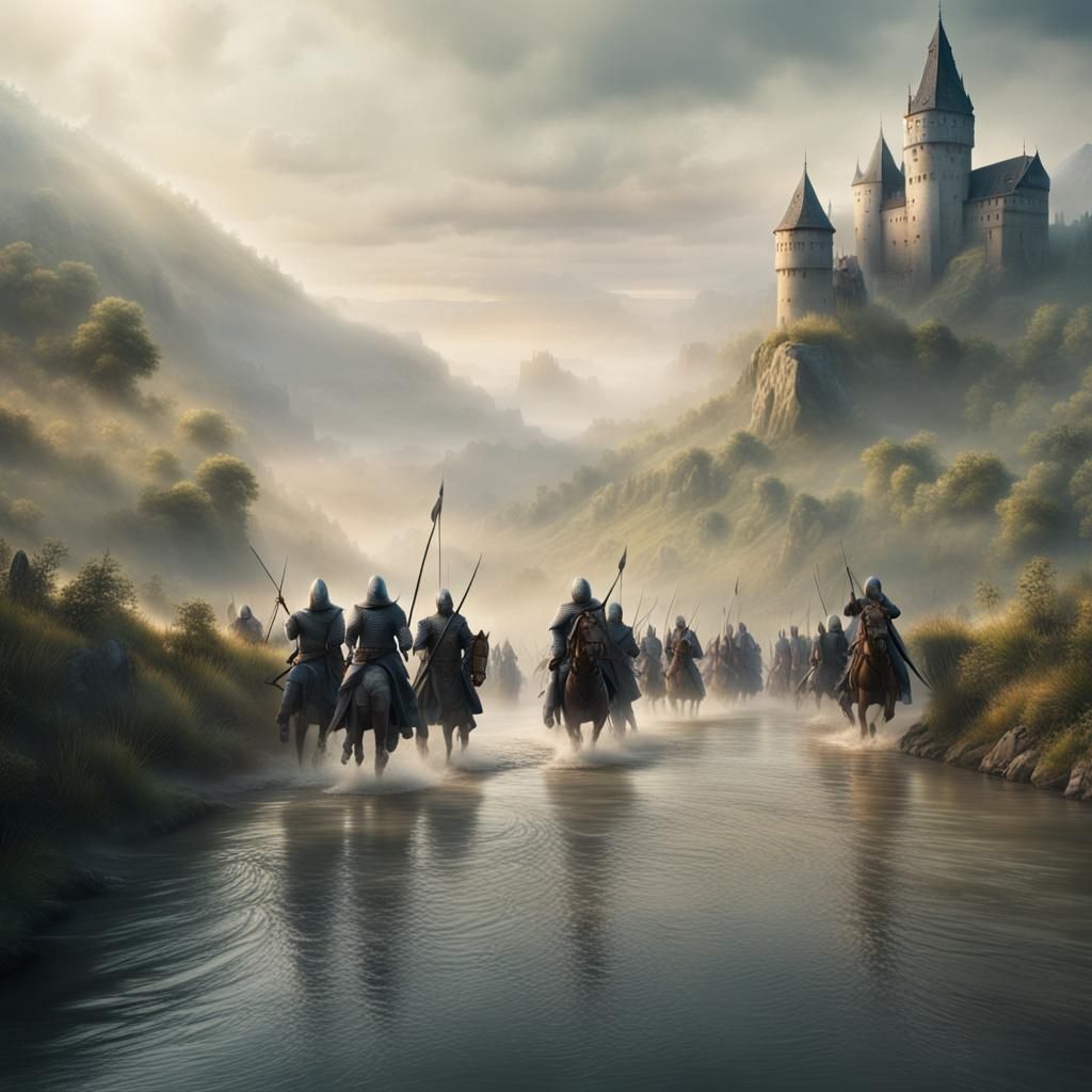 Medieval Army Crossing River in Morning Mist