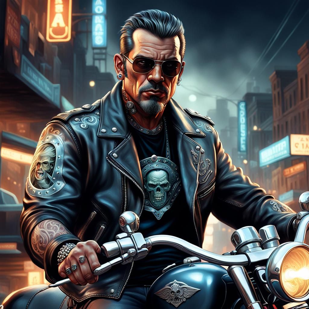 Mafia Boss on Motorcycle, Hyperrealistic Concept Art