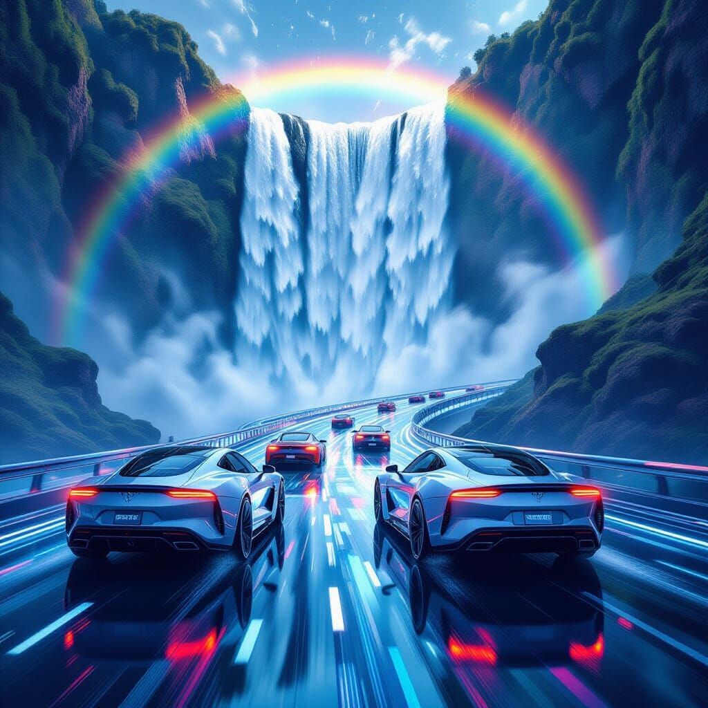 Luxury Cars Racing Down Glass Waterfall Road