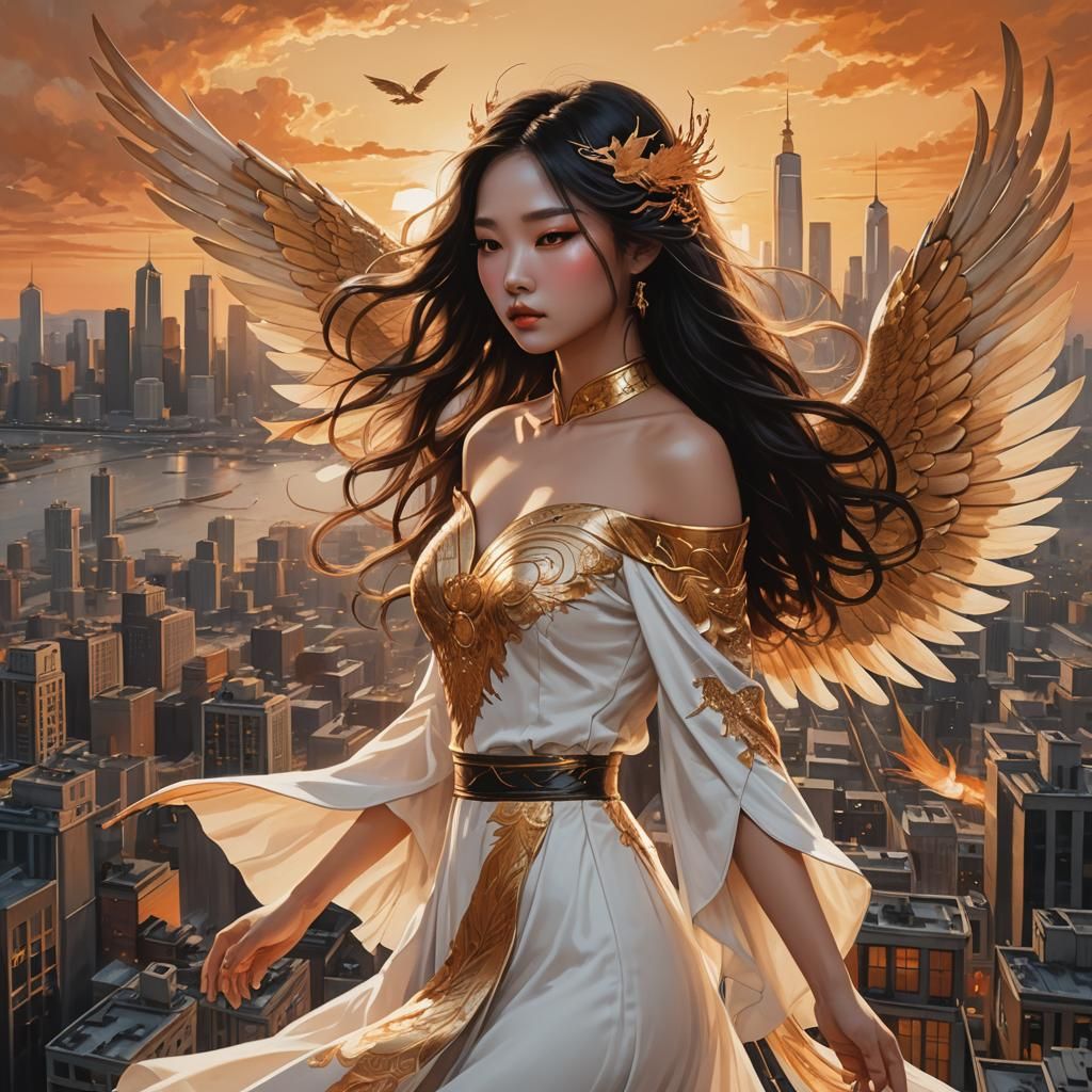 Winged Angel in Sunset Cityscape