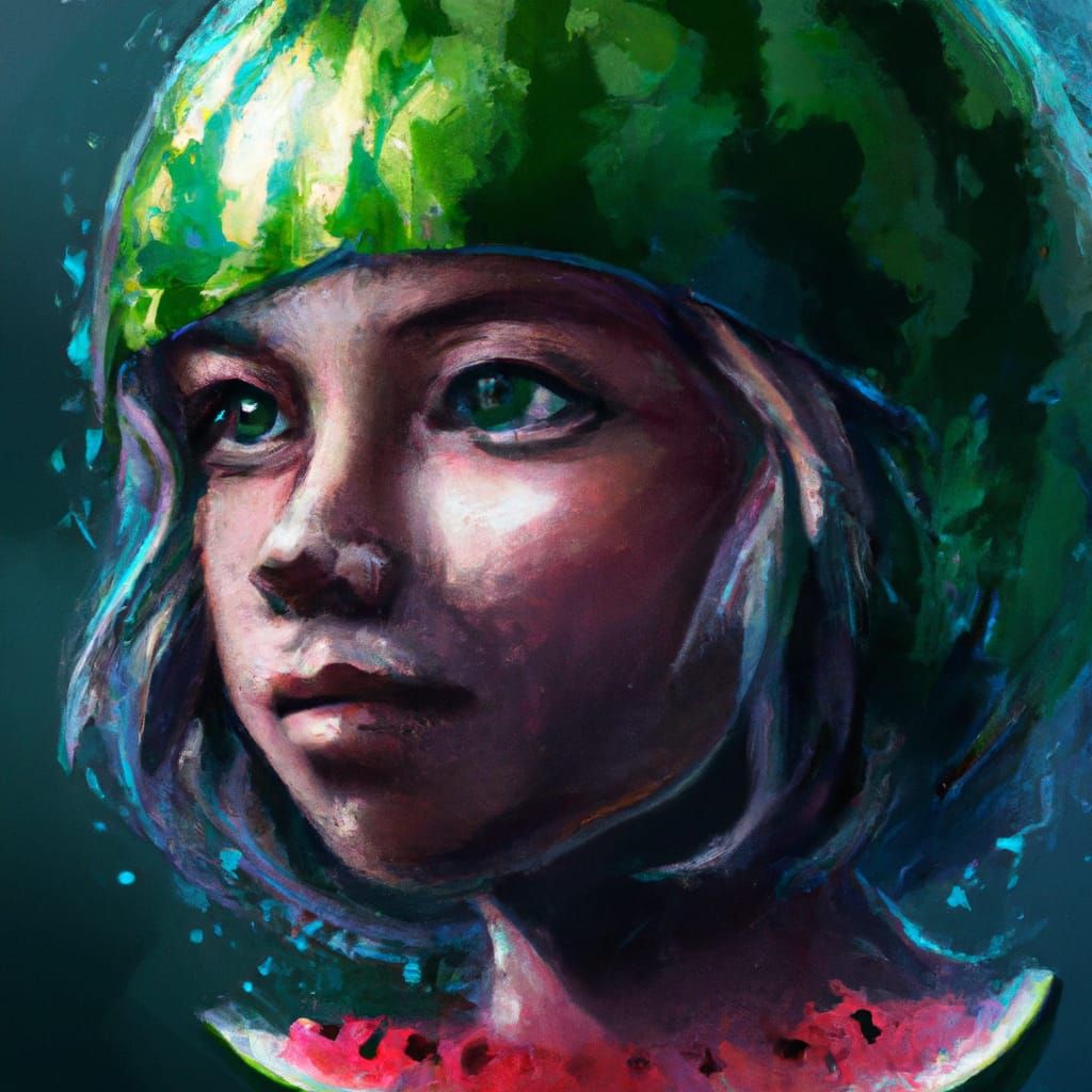 Lunar Watermelon Portrait in Hyperdetailed Splash Art