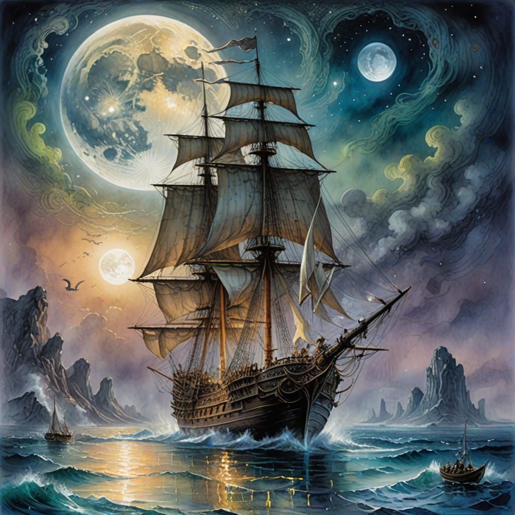 Spectral Frigate Under Lunar Glow in Whimsical Watercolour