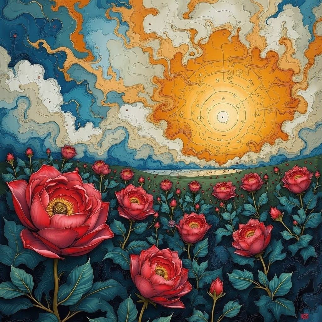 Fluorescent Impasto Roses in Heavy Metal Style