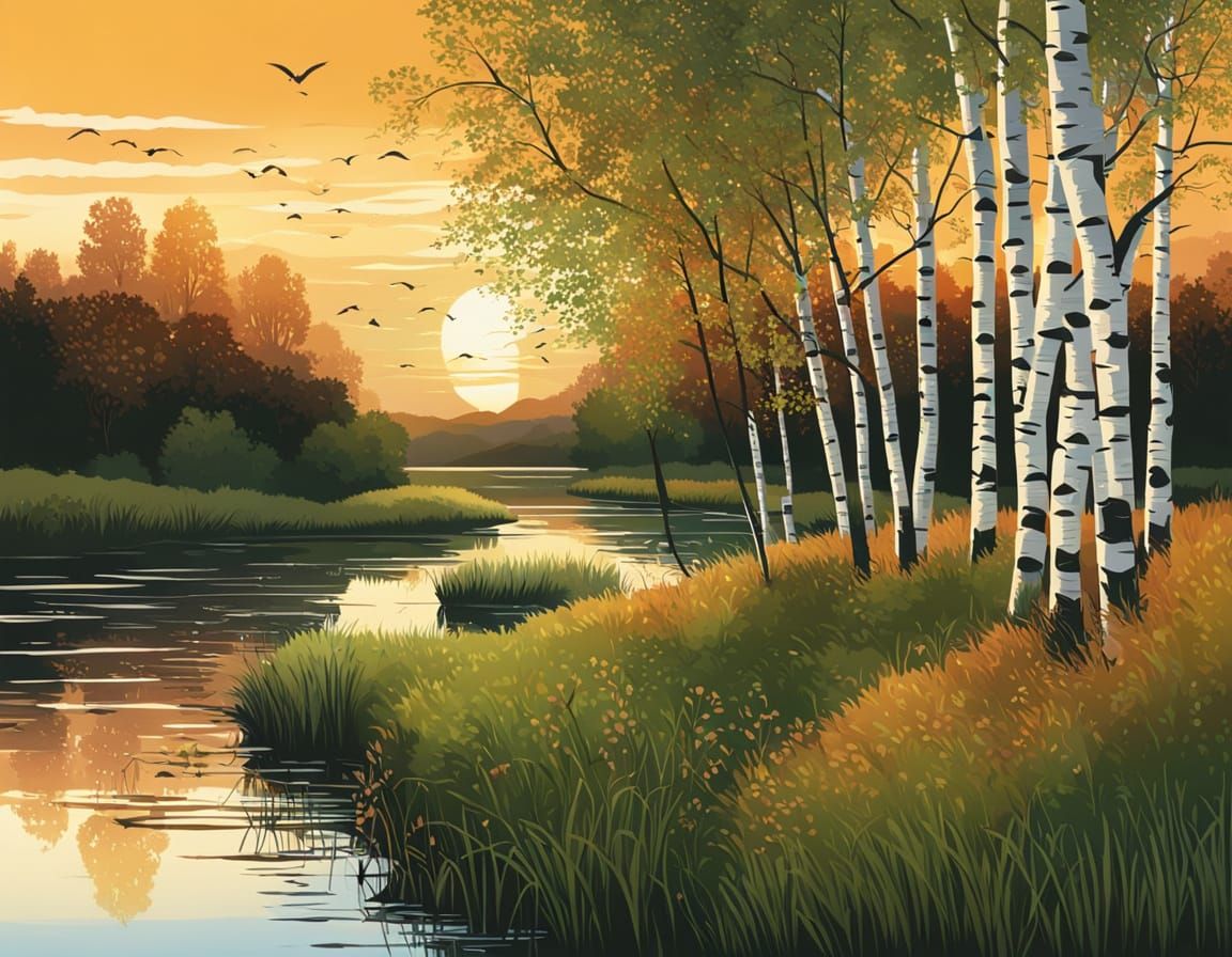 Autumn Sunset Over River Landscape with Birch Trees