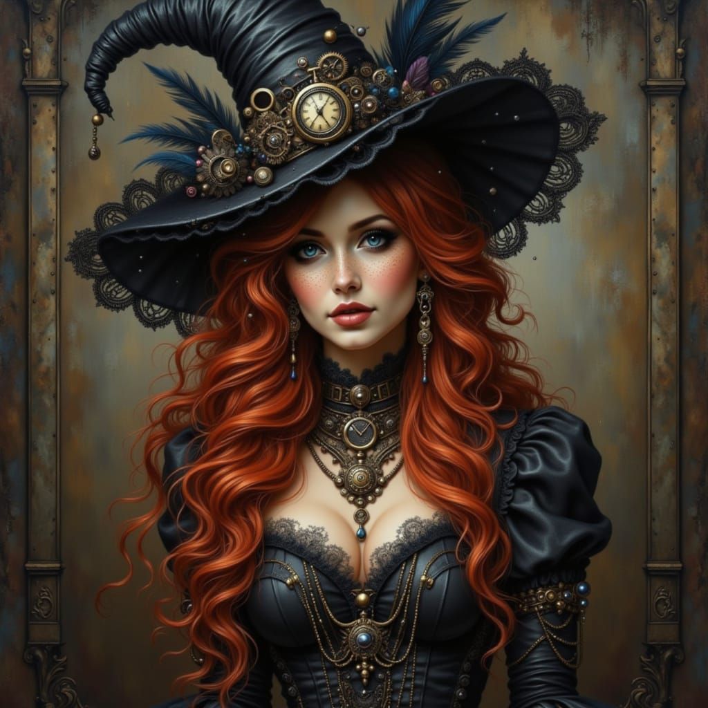 Steampunk Witch with Red Hair and Gears Hat