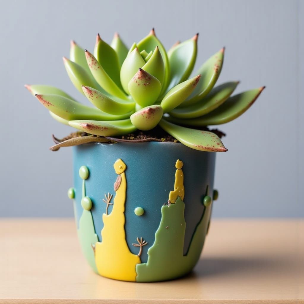 Surrealist Plant in Abstract Yellow Blue Pot
