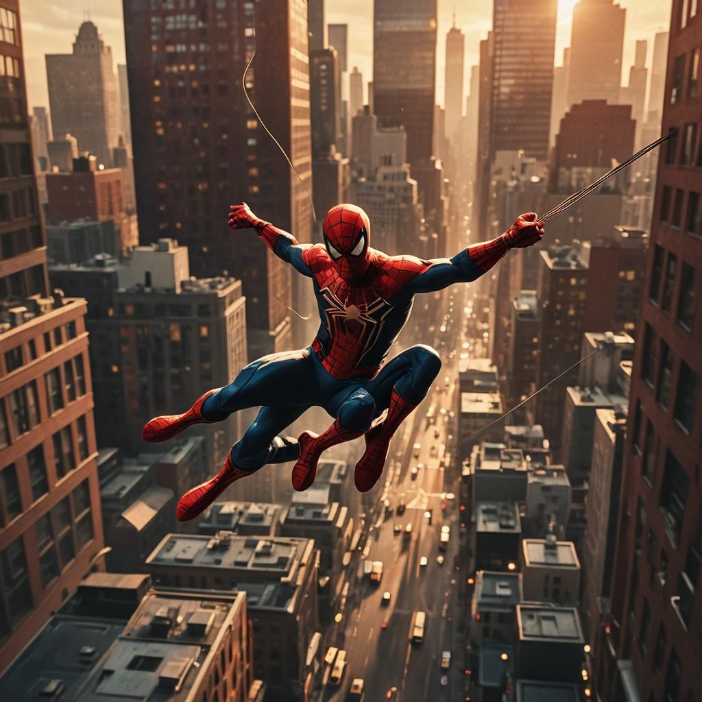 Spiderman Swings Through City at Sunset