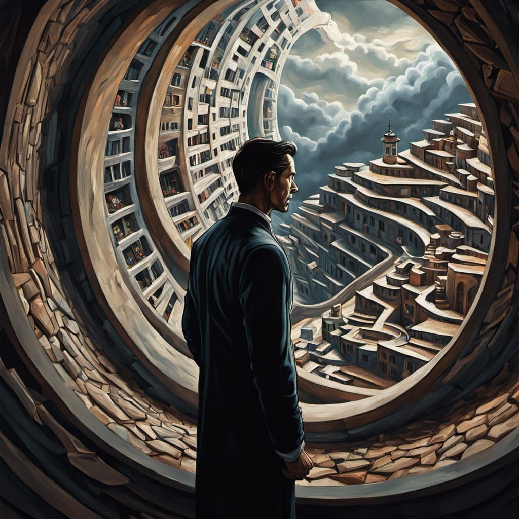 Escher-Inspired Surreal Oil Painting of Warped Room