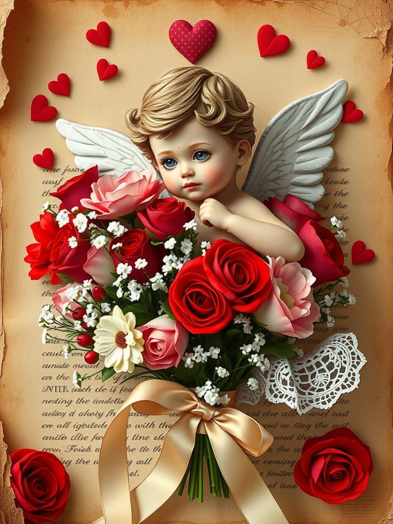 Vintage Whimsical Cupid amidst Lush Floral Romance
