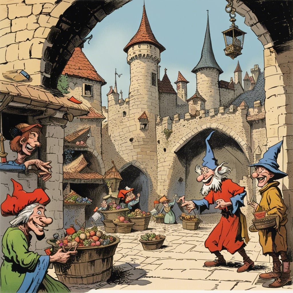 Wizard and Jester Laughing in Castle Courtyard