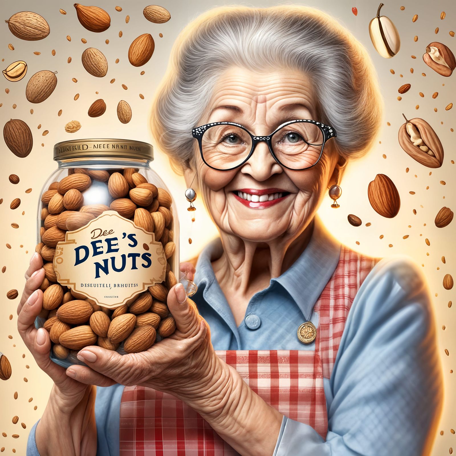 Cute Old Lady Holding Dee's Nuts Jar