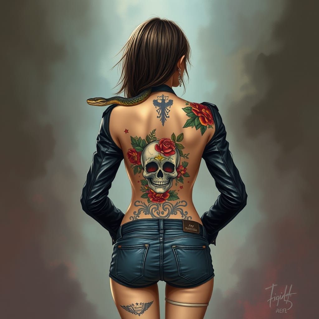 Woman with Snake and Skull Tattoo in Manga Style