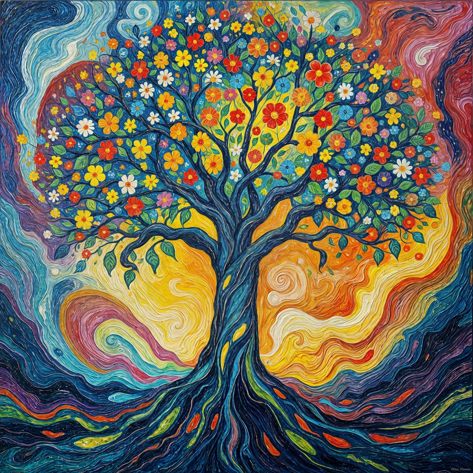 Vibrant Tree of Life in Neo-Impressionist Expressionism