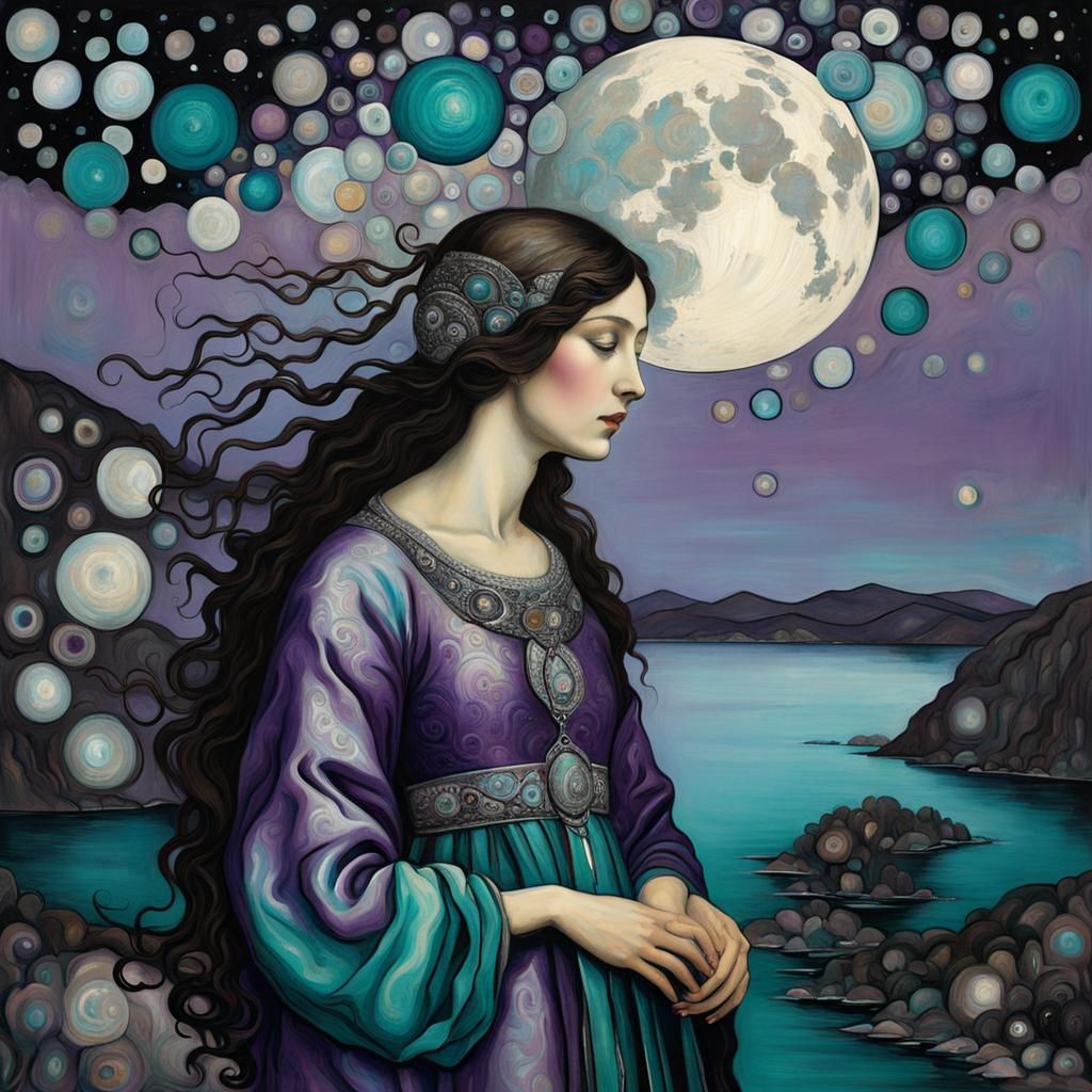 Girl Staring at Moon in Kaleidoscopic Style