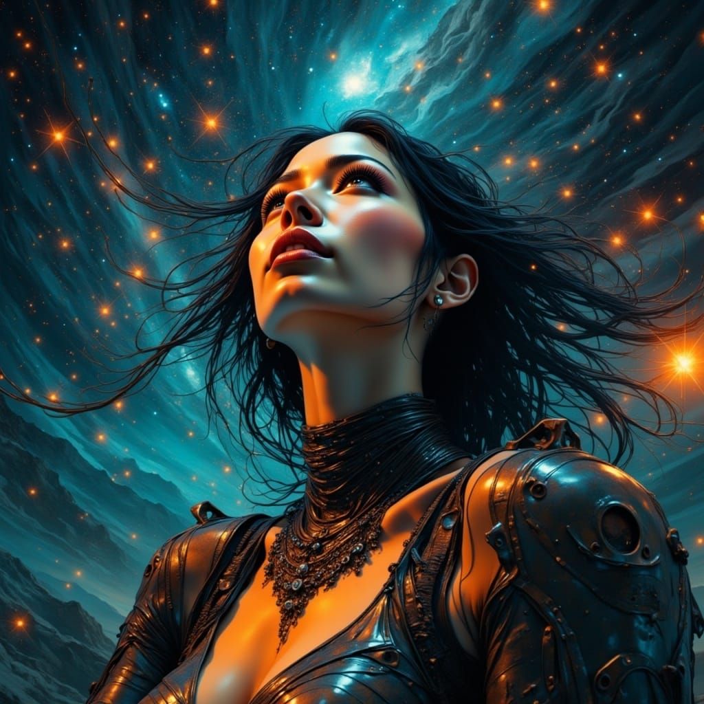 Cyborg Goddess Looks Up at Celestial Digital Dreamscape