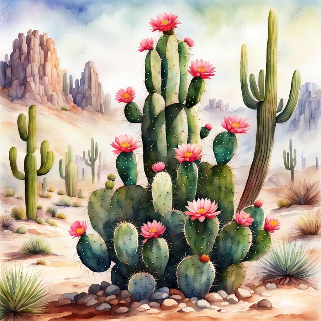 Watercolor Cactus Flowers in Desert Landscape