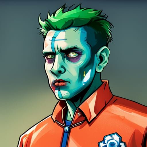 Green Haired Zombie in Speedo and Football Jacket