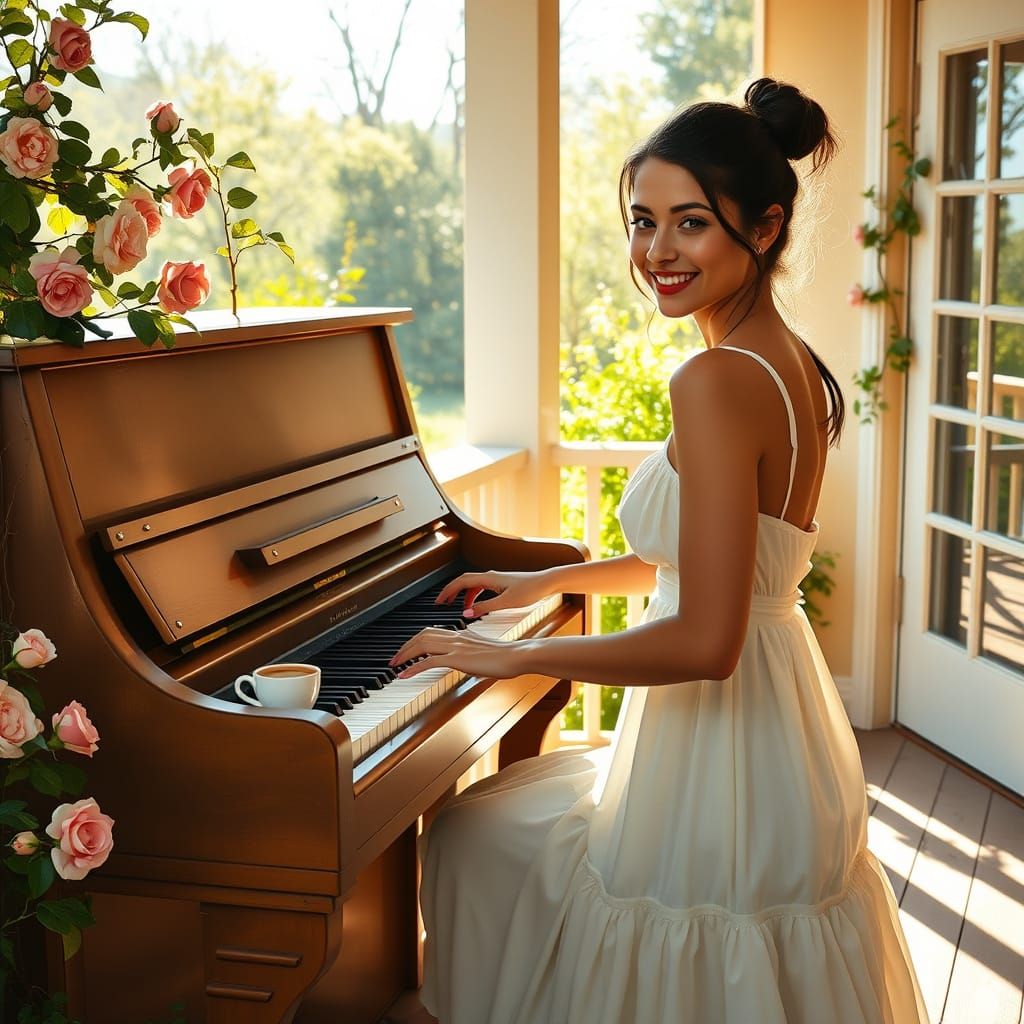 An impasto oil painting of a 23 years old Italian model woman witha porcealin and slightly taned skin playing on an upri...