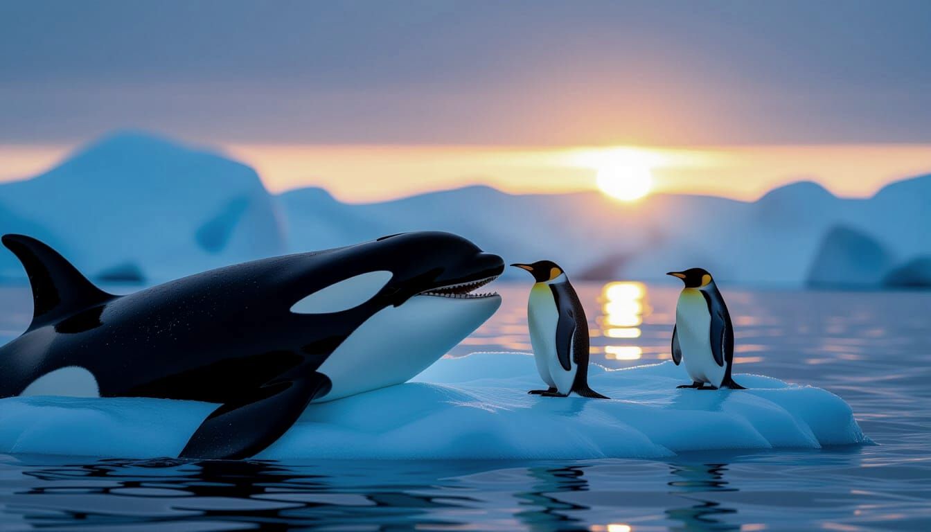 Orca and Penguin in Arctic Waters at Sunset