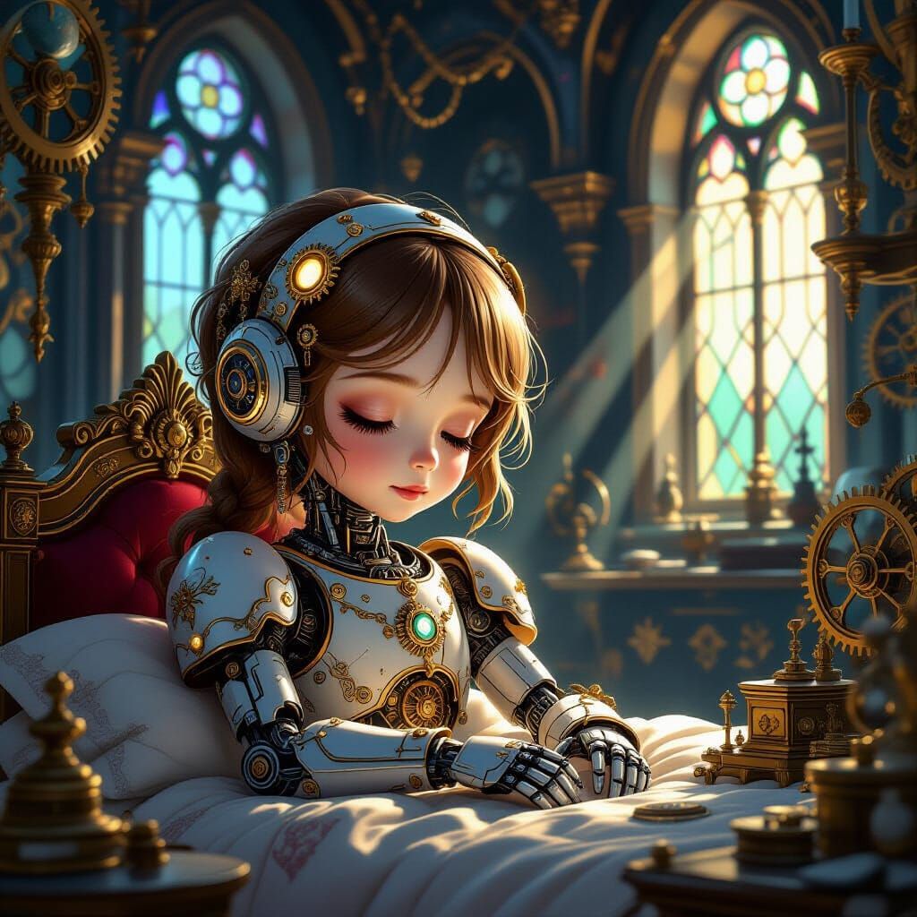 Robotic Girl Awakens in Majestic Clockwork Workshop
