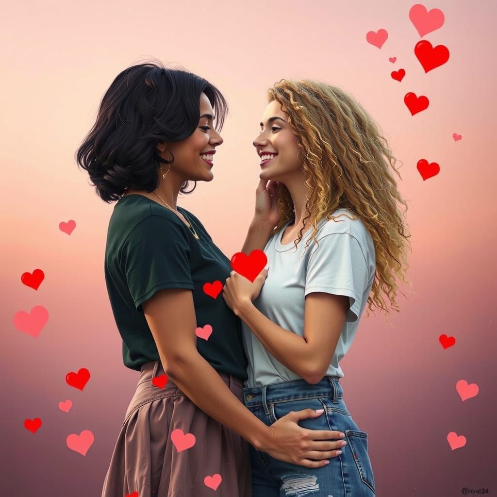 Two Women in Love, Surrounded by Radiant Hearts