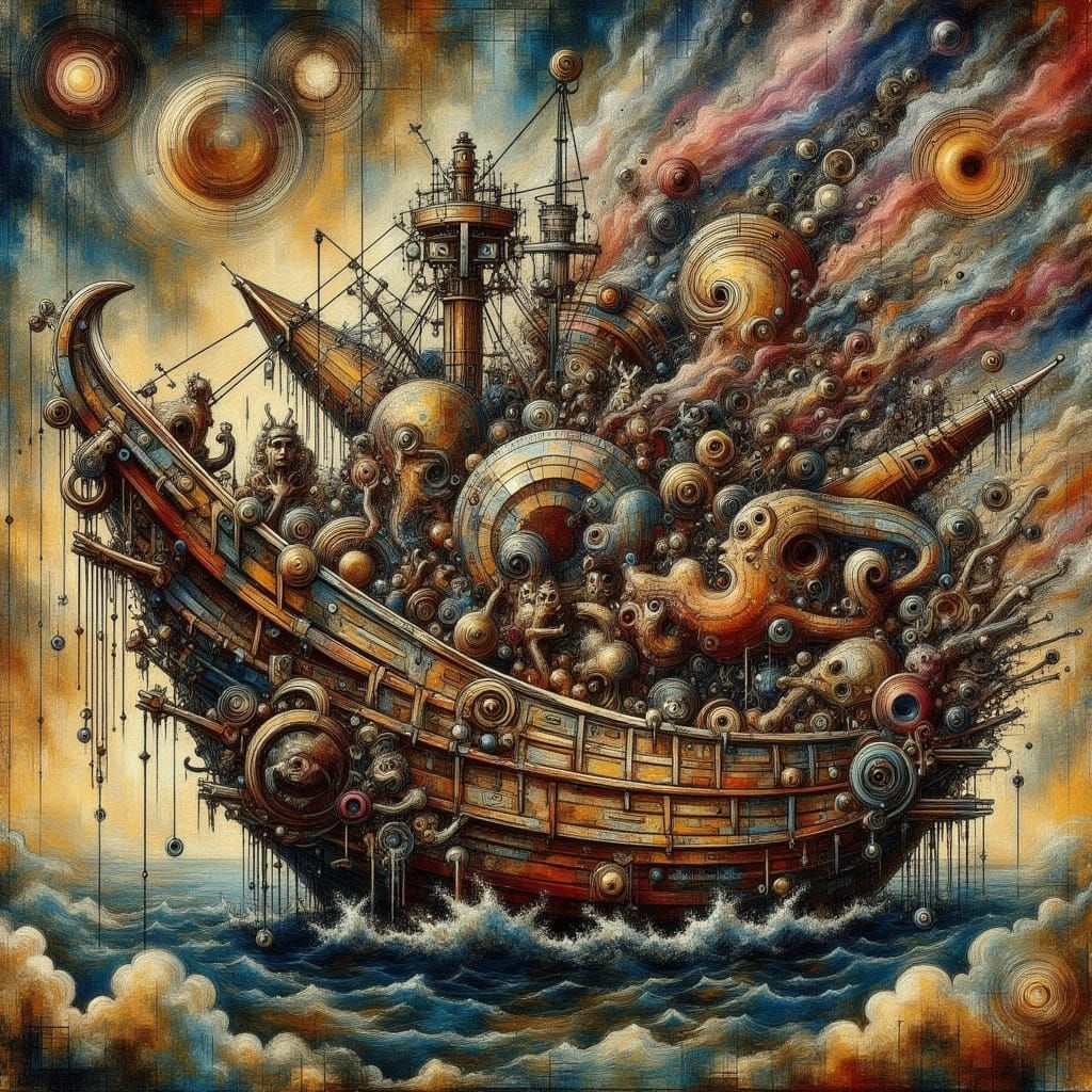 <lora:-Abstragony-:1.0> A surreal, satirical oil painting in...