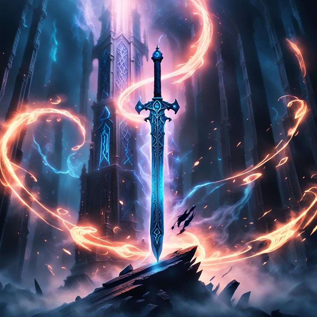 Arcane Sword Floating in Misty Chamber