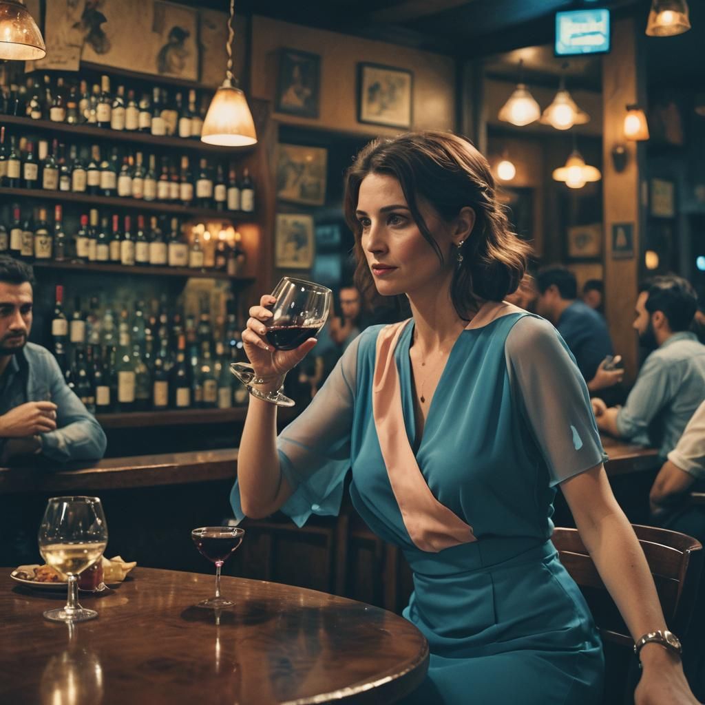 Cinematic Film Still of Woman in Lebanese Bar