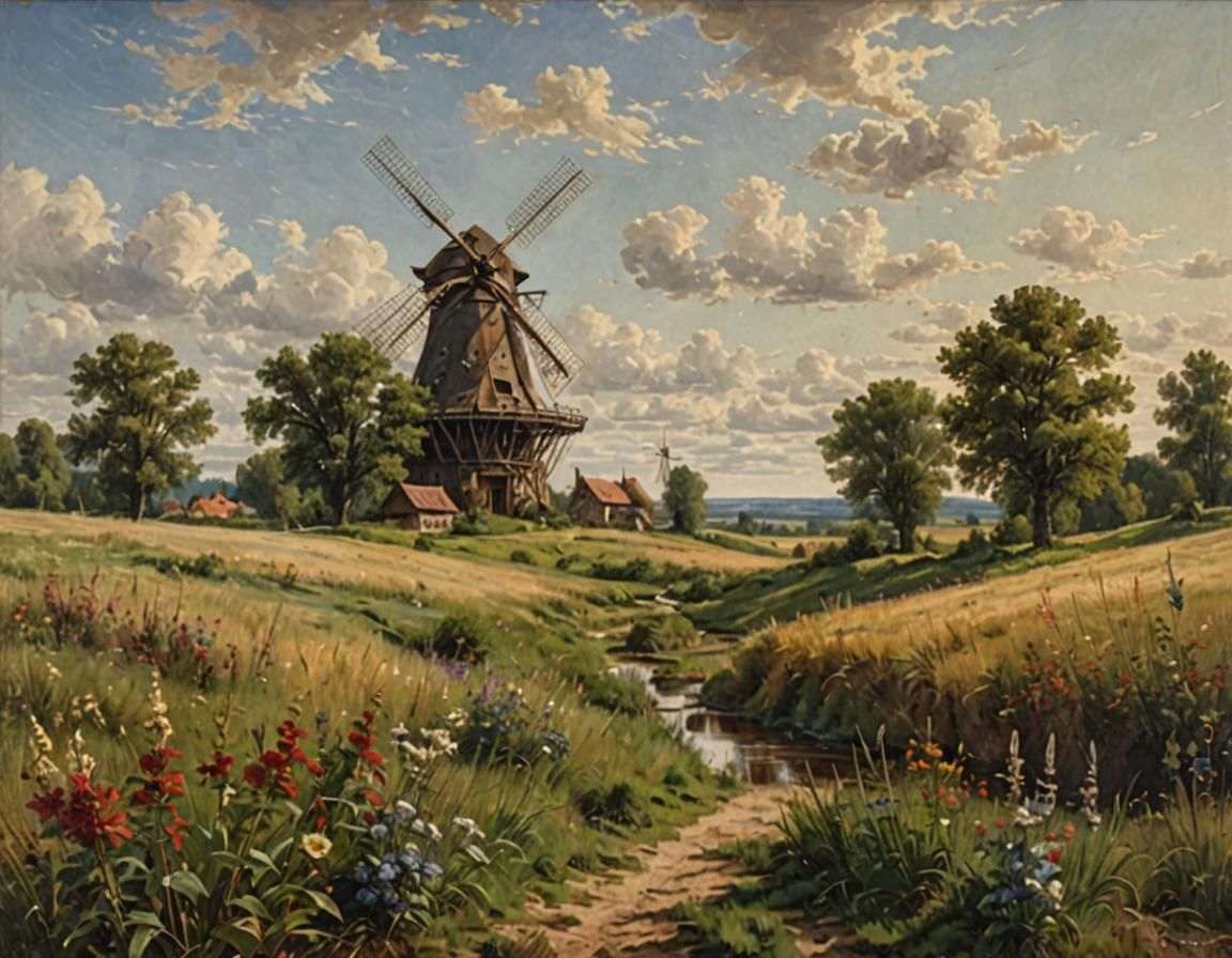 Windmill in Meadow Inspired by Historical Painting