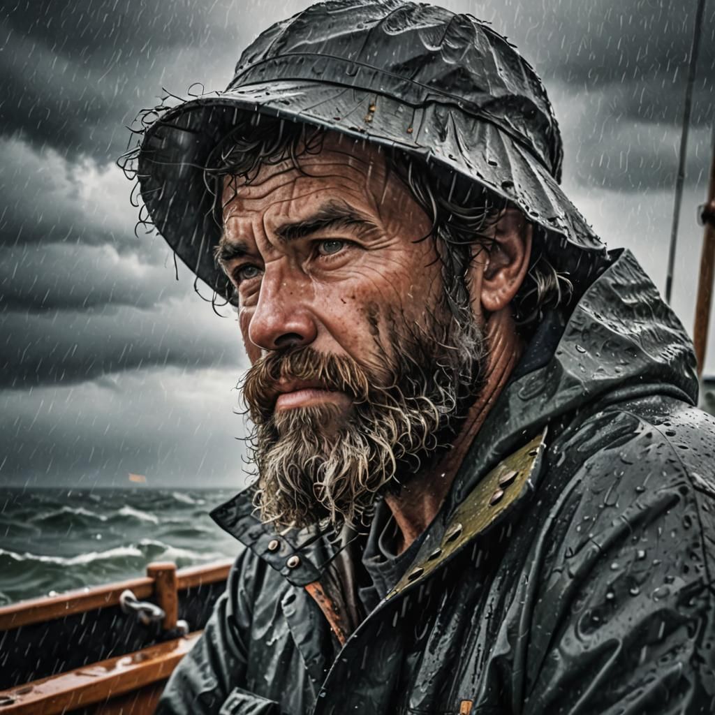 Bearded Fisherman on Boat in Atlantic Storm