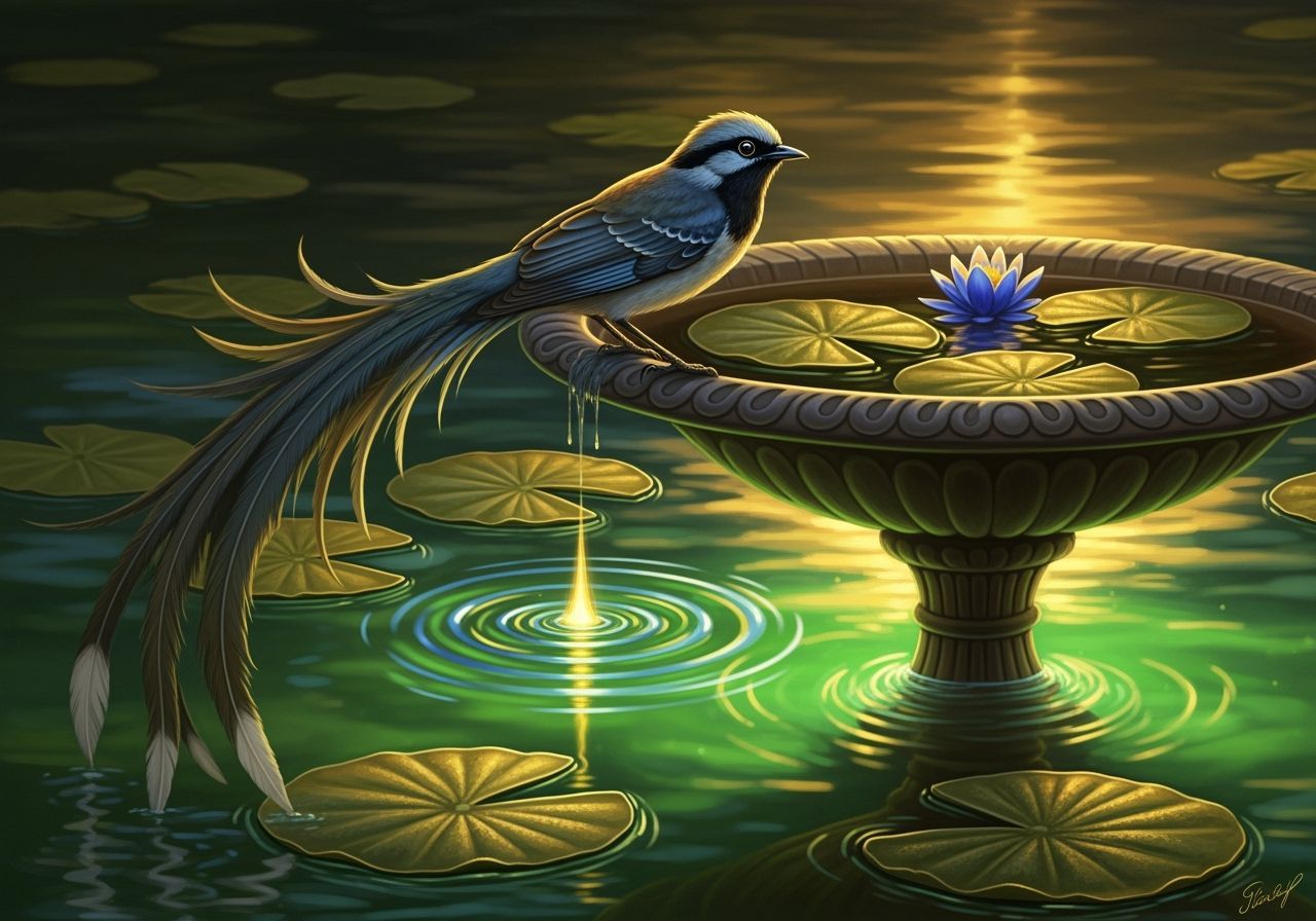 Mythical Bird on Bird Bath at Twilight