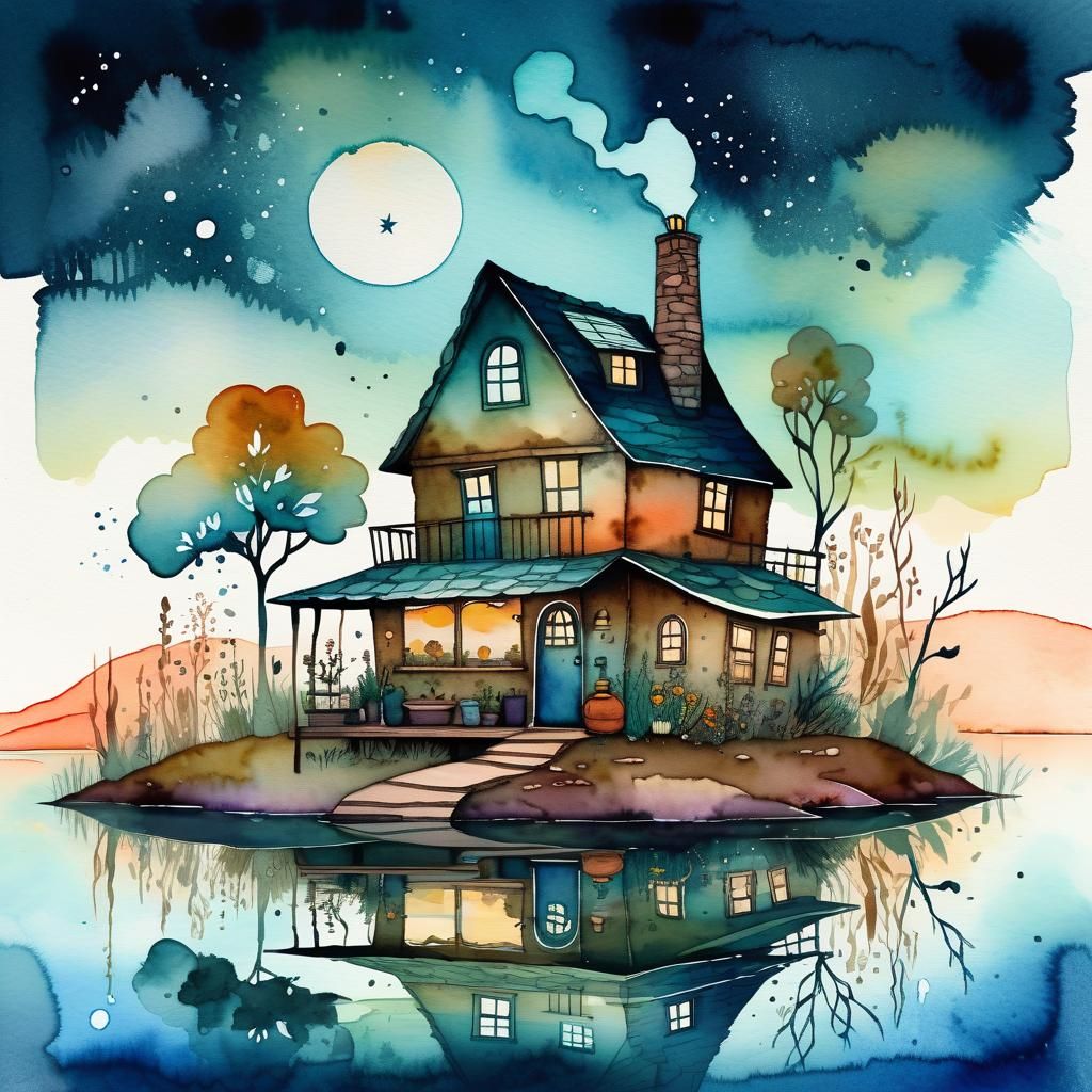 Charming Witchy Home by River: Watercolor Fantasy