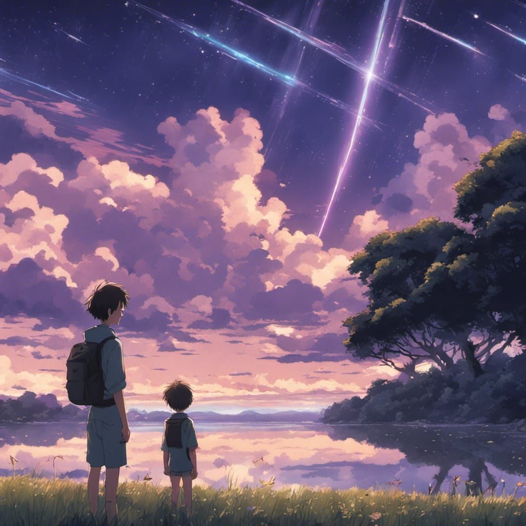 Boy and Purple Shooting Stars: Ghibli Anime