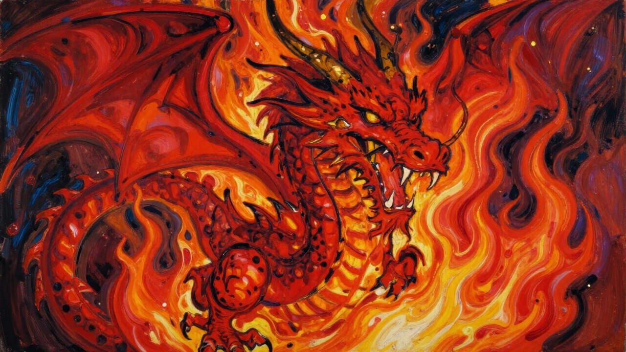 Red flames of the Red Dragon, Expressionism style