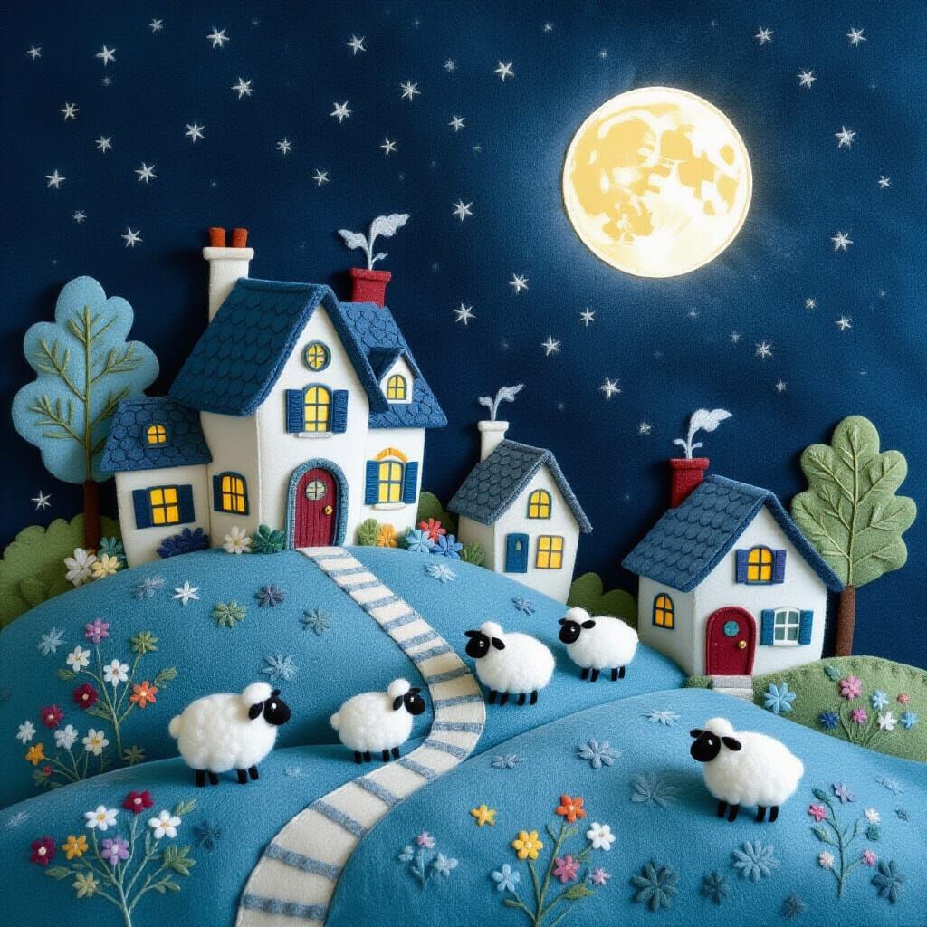 Whimsical Felt Village at Midnight in Fantasy-Folk Style