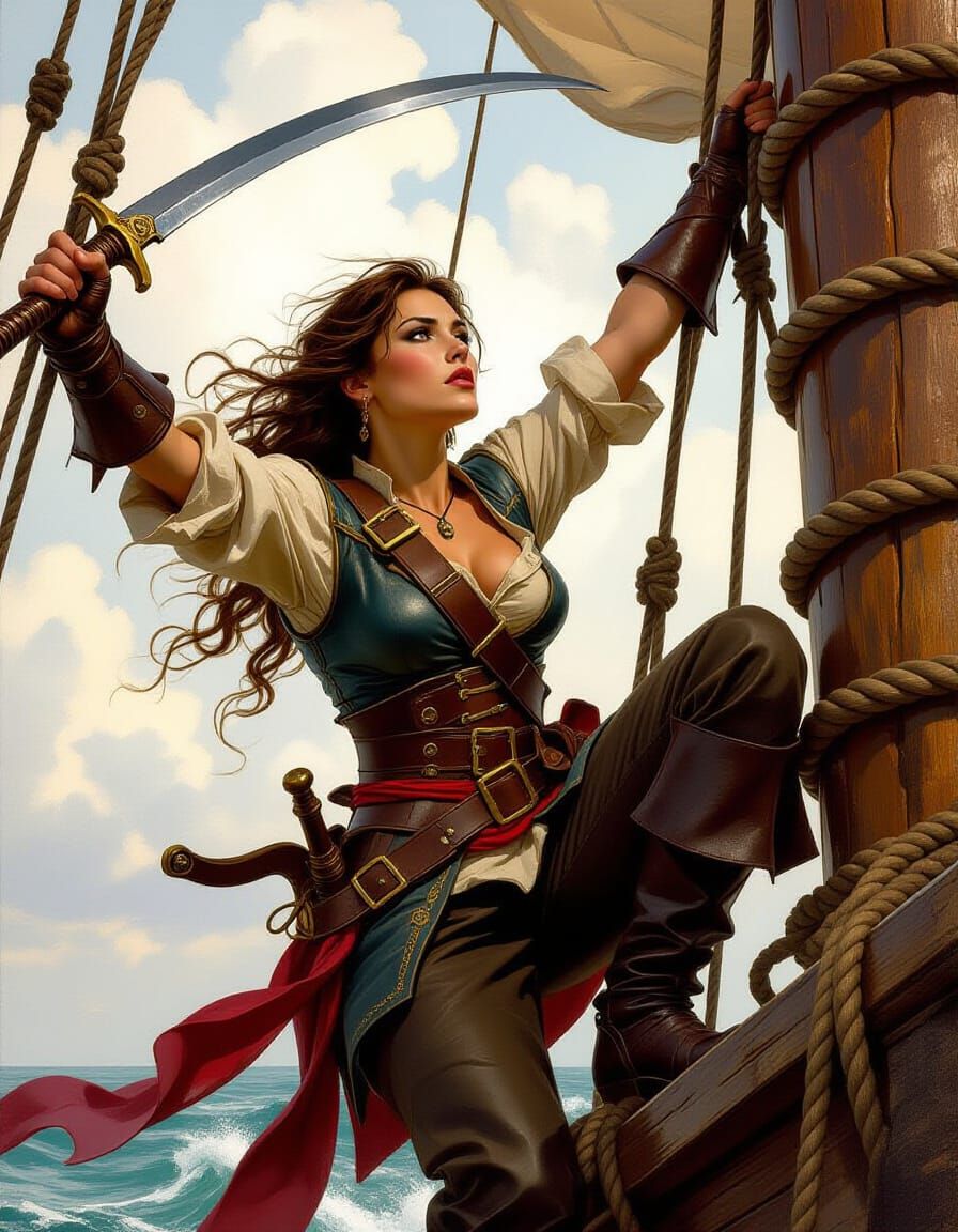 Renaissance Pirate Woman Climbs Mast in Michelangelo Style