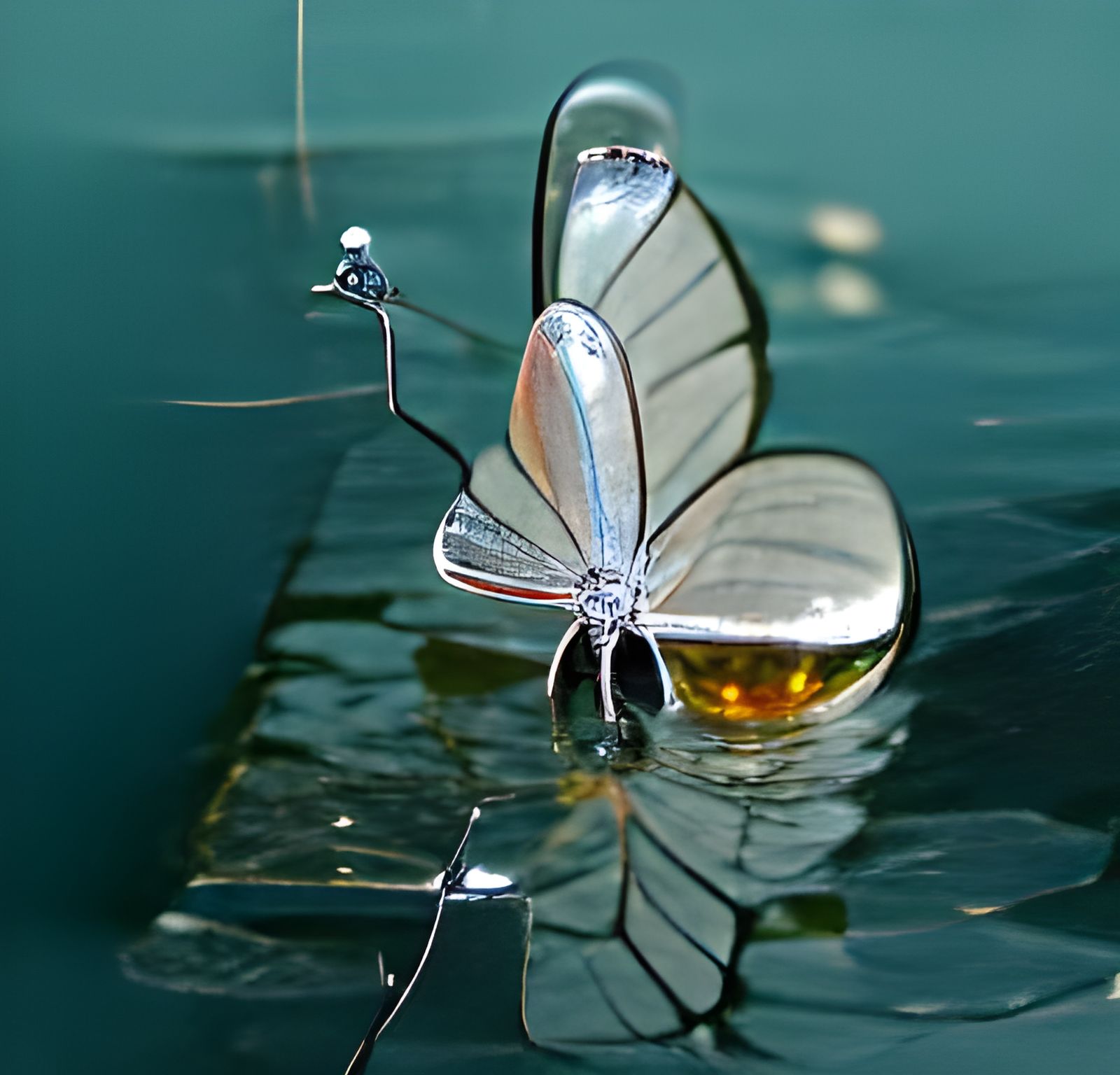 Glass butterfly standing on water