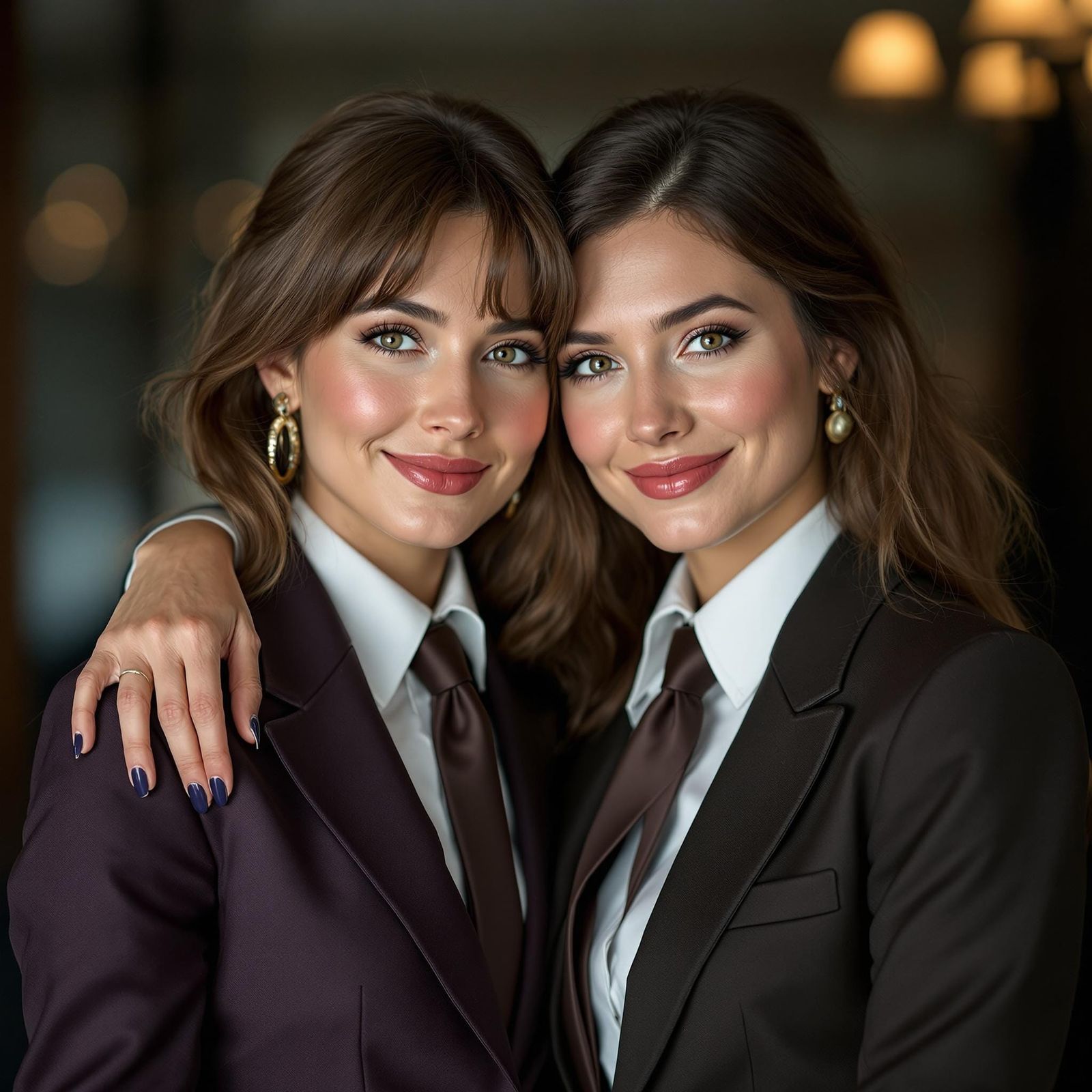 Two Women in Elegant British Business Suits Share a Tender M...