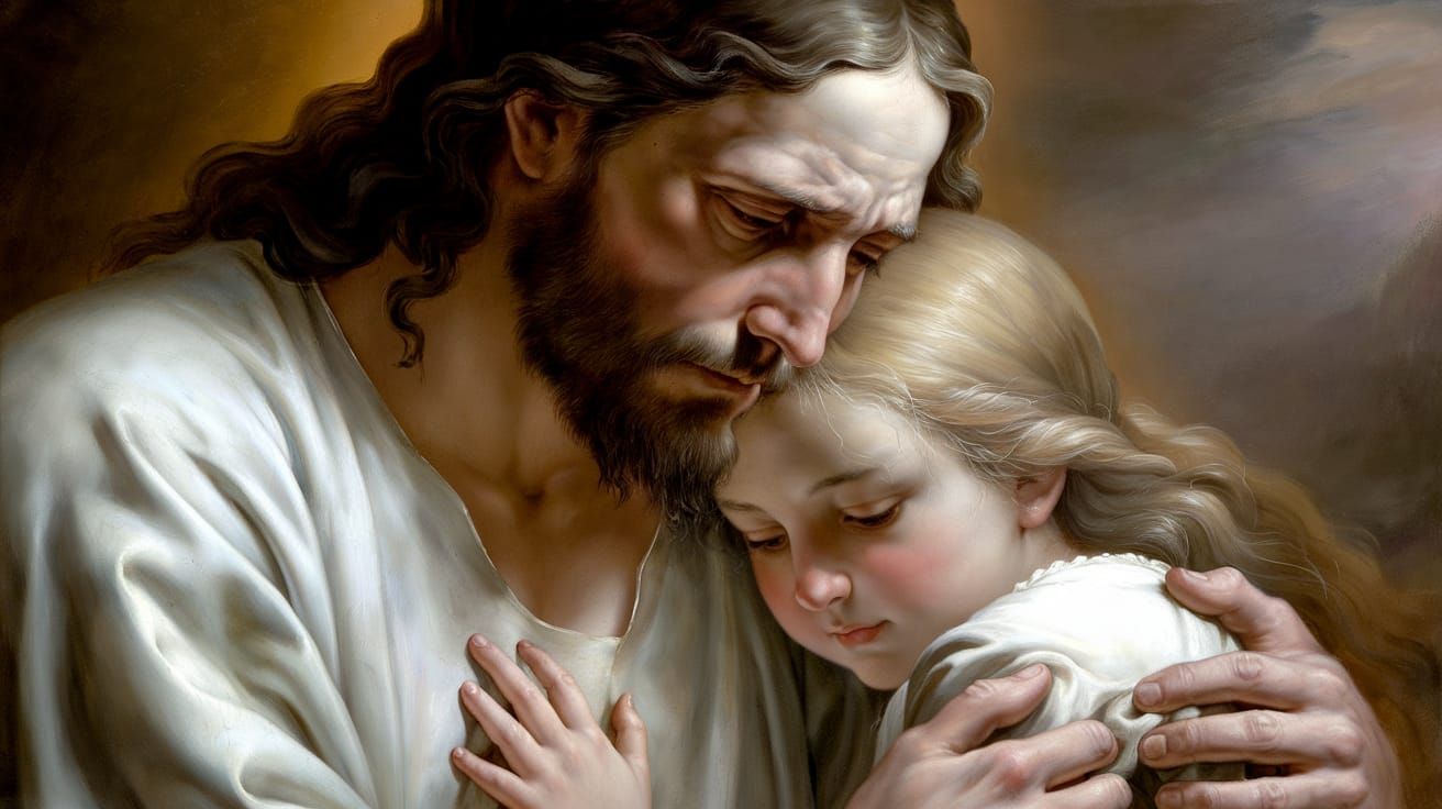 Jesus Comforts Girl: A Sorrowful, Realistic Painting